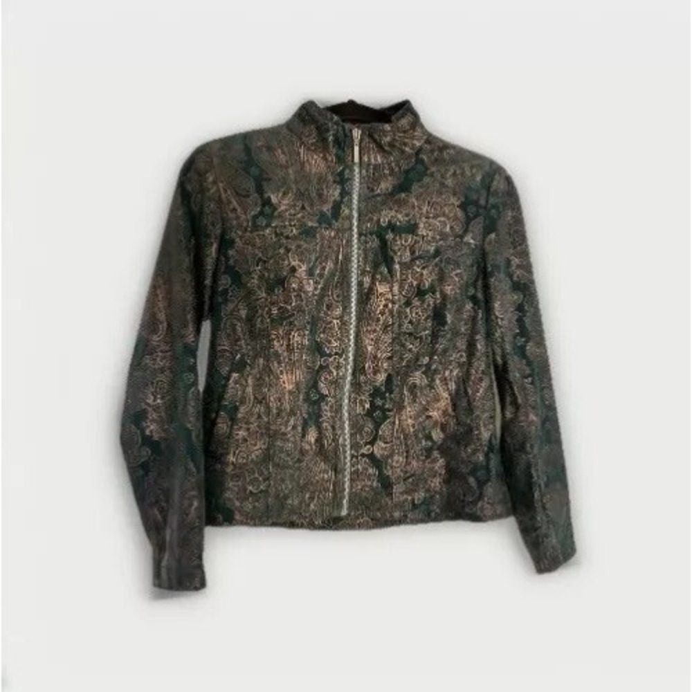 Vintage Bamboo Traders Jacket Womens  Blazer Petite Small Green Metallic Paisley